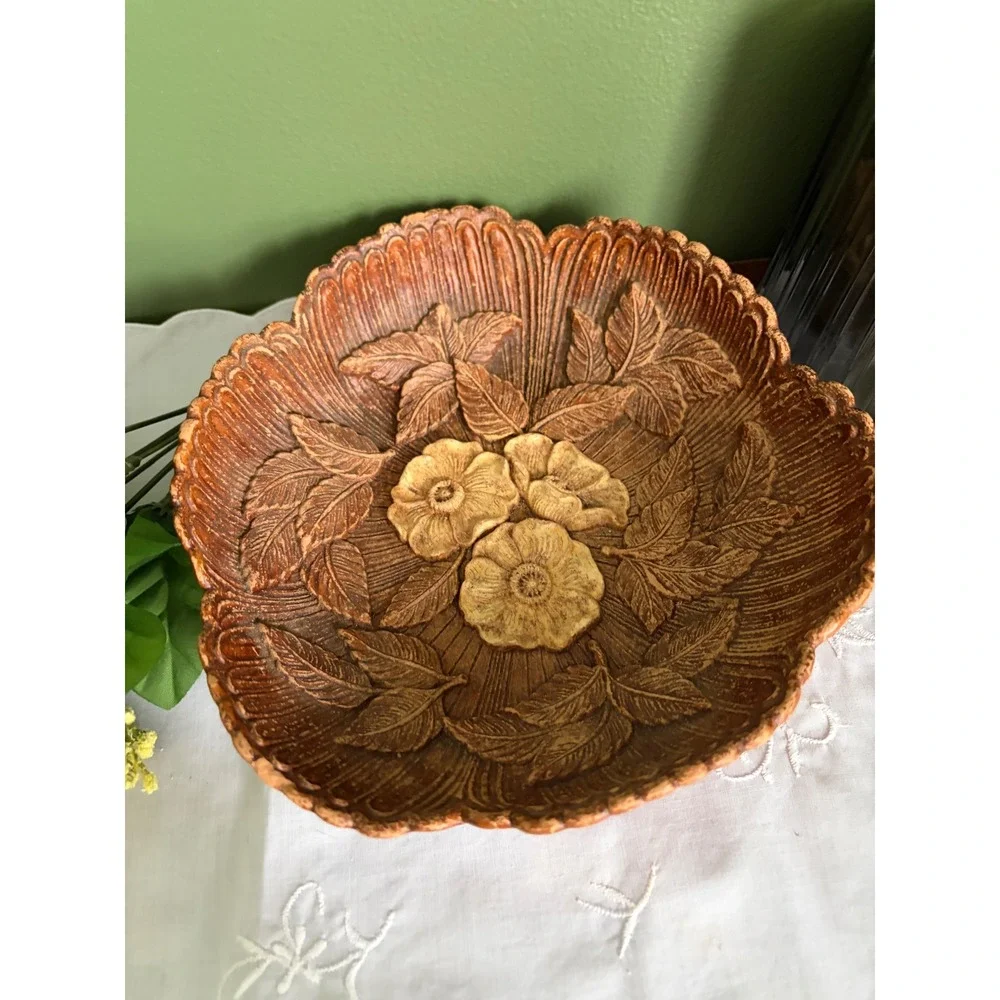 Vintage 1951 Multi Products Inc Molded Wood Floral Bowl Brown Scalloped 8 Inch